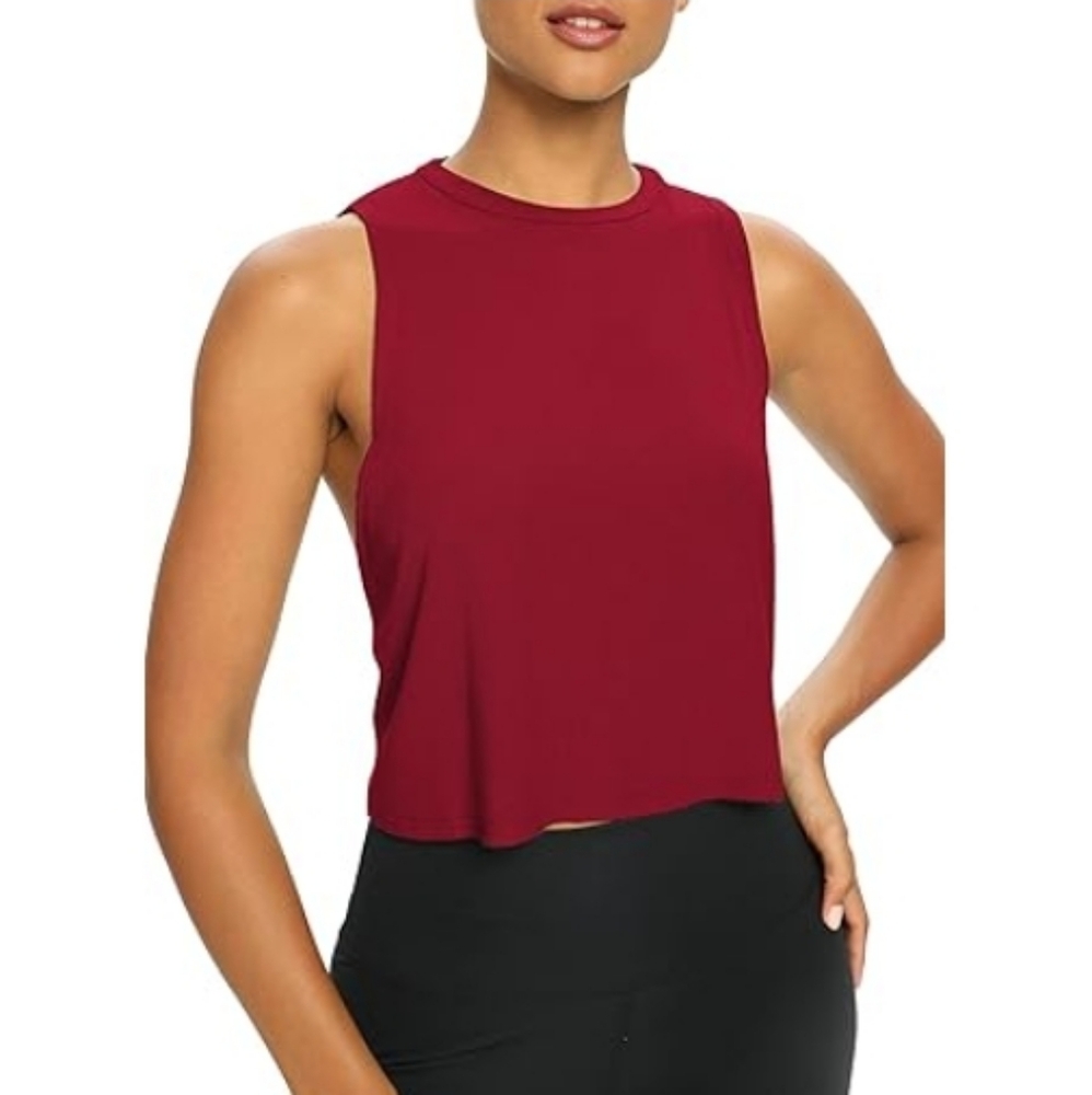 Bestisn Open Back Workout Cropped Loose Fit Ribbed Athletic Top Red - Picture 2 of 6